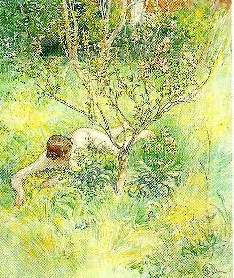 Carl Larsson naken flicka under prunusbusken oil painting picture